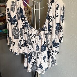 Free People Navy and White Floral Blouse